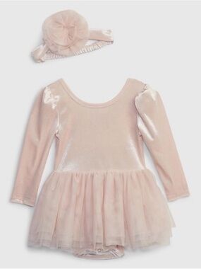 GAP Light Pink Velvet Tutu Dress onesie with Floral Headband